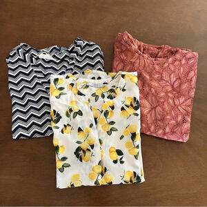 Lot of 3 Women’s Blouse Top Shirts sz M Lemon Dahlia Chevron Pink Rose Lace H&M